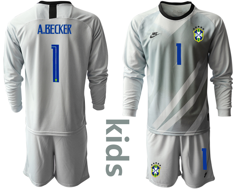 Cheap Youth 2020-2021 Season National team Brazil goalkeeper Long sleeve grey 1 Soccer Jersey